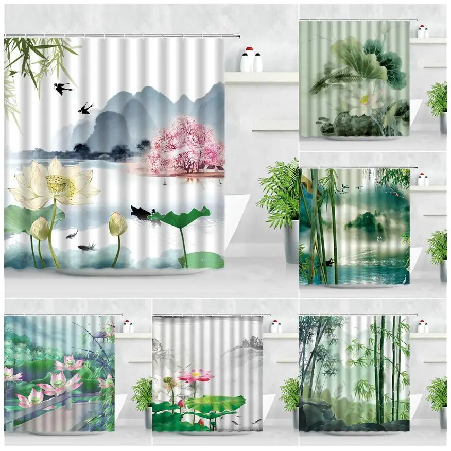 

Chinese Style Shower Curtains Lotus Green Leaf Bamboo Landscape Ink Painting Waterproof Fabric Bathroom Decor Bath Curtain Set