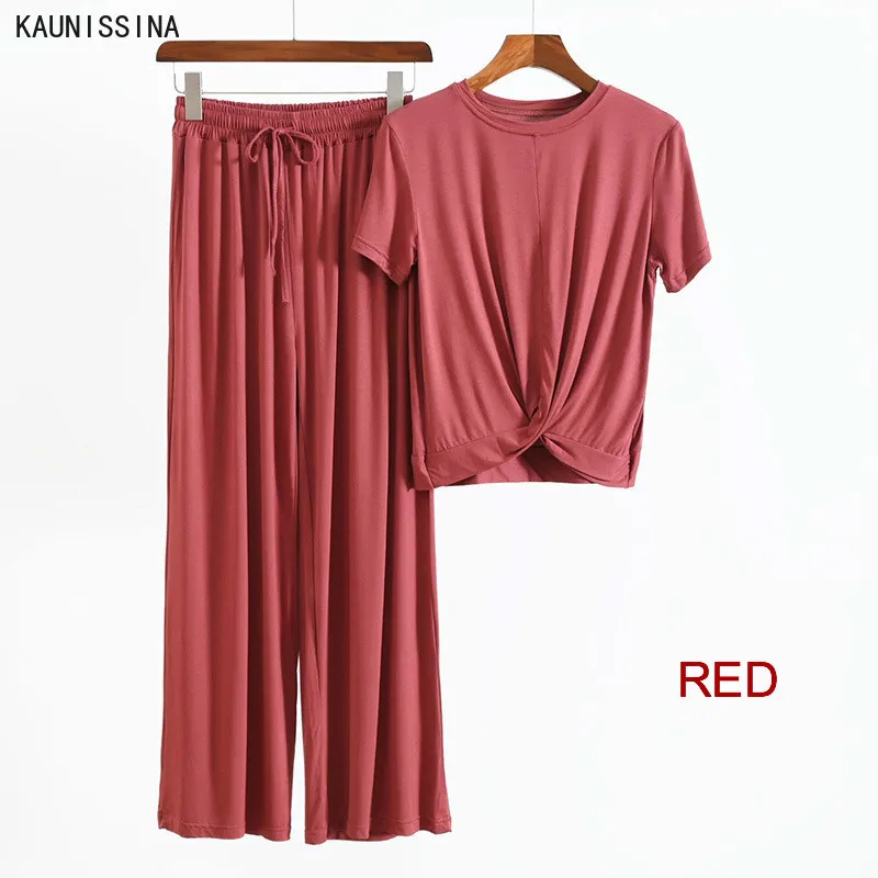 

Women'S Modal Pyjamas Women Short Sleeve Top Wide Leg Long Pant Pajamas Set Autumn Spring Home Clothes Casual Sleep Lingirie