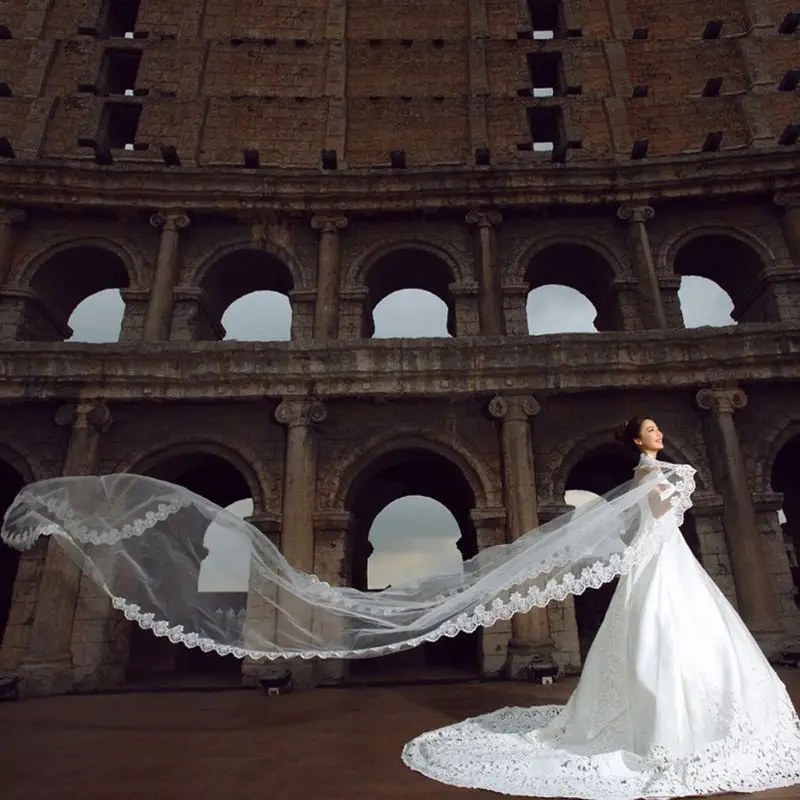 

New Women Pure White Wedding Veil Long Embroidered Floral Lace Scalloped Edge Bridal Cathedral 1 Layer Party Accessories Without