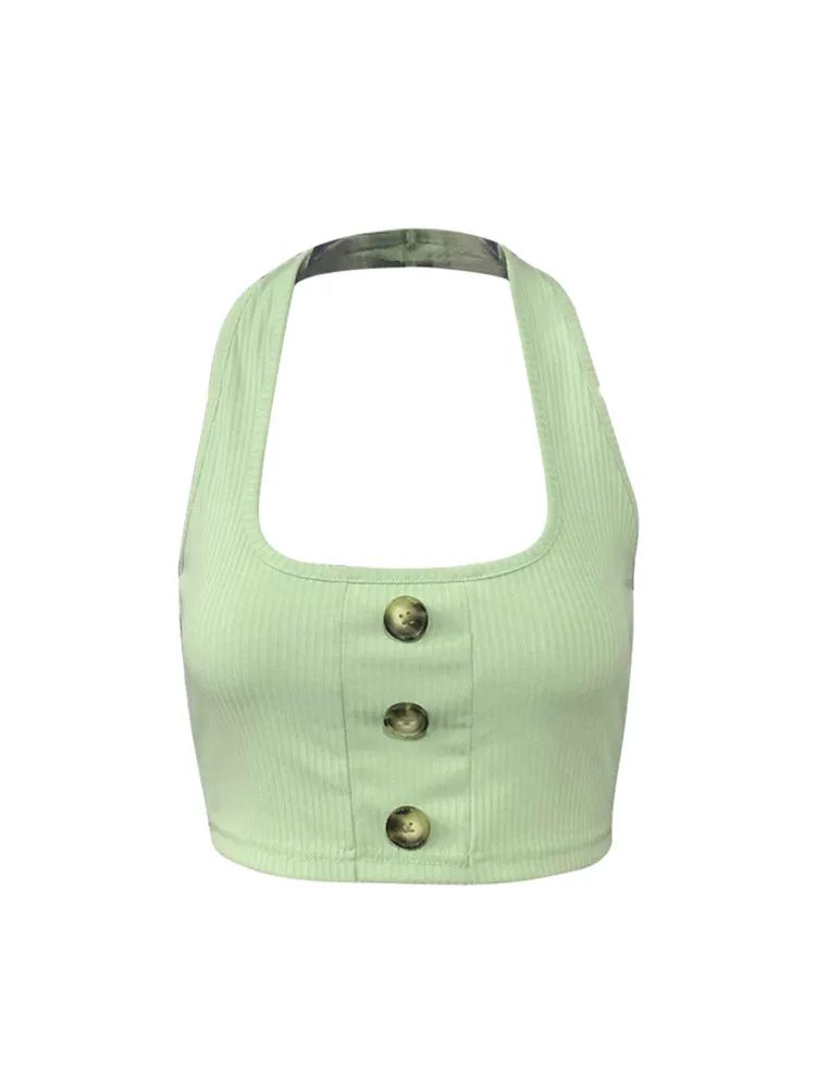 

Women Green Ribbed Knit Neck-Mounted Halter Crop Tank Tops Summer Sexy Sleeveless Solid Color Button Front Camisole 2021