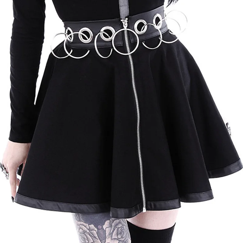 

New Fashion Personality Hoop Hollow Cotton PU Stitching Zipper Gothic Streetwear Short Women Skirts High Waist Mini Black Skirts