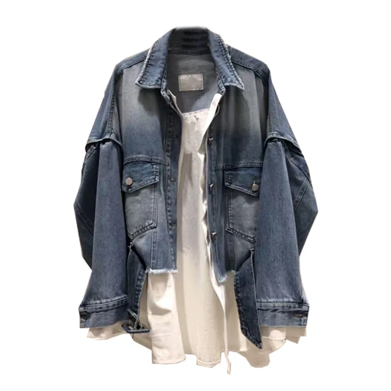 

2020 autumn fashion stitching fake two-piece blouse lapel loose raw edge denim jacket female trend