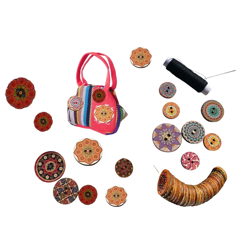 Смешанные декоративные винтажные деревянные пуговицы с двумя отверстиями для