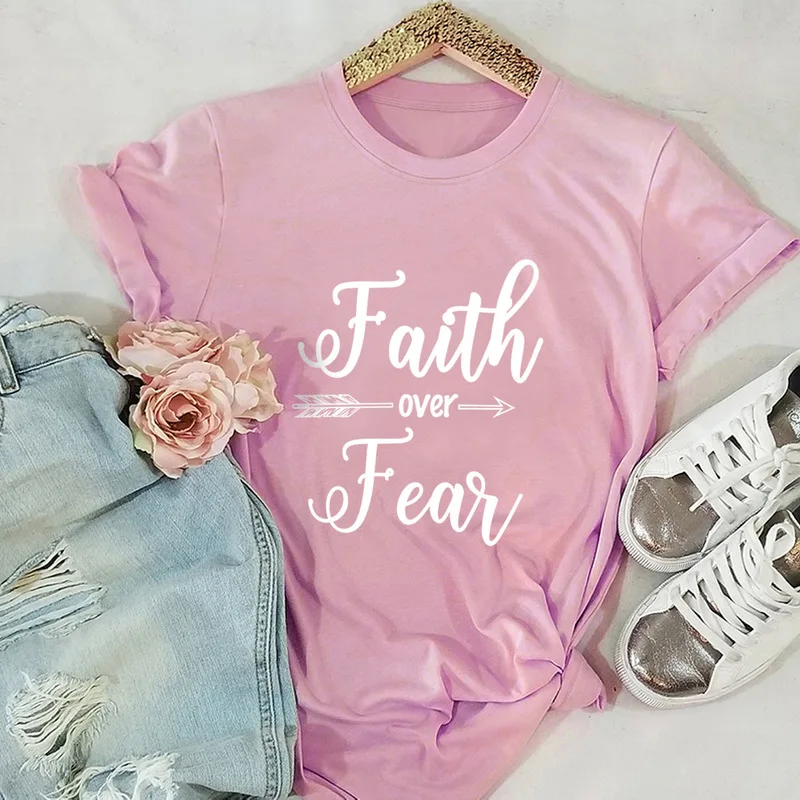 Большой Размеры S 5XL Новый Faith Over Fear с буквенным принтом Футболка женская 100% хлопок