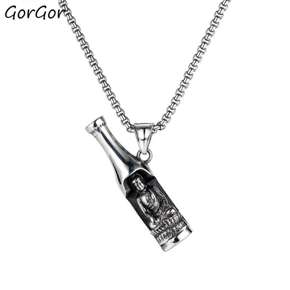 

GorGor Necklace Men Stainless Steel Pattern Buddha Statue Wine Bottle Pendant Vintage Individuality Hipster Accessories TX-1811