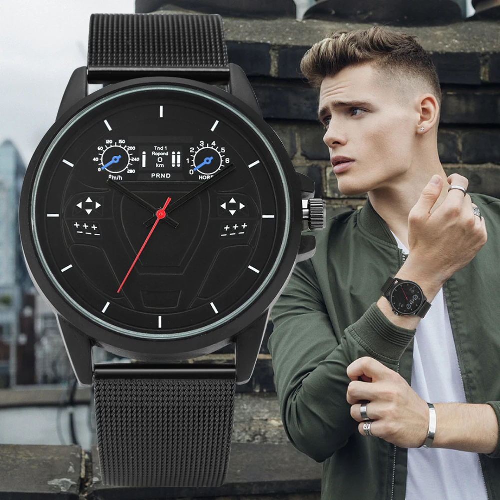 

2021 Men's Quartz Watch Creative Steering Wheel Dial Male Watches Steel Mesh Leather Band Sport Wristwatches Gifts Reloj Hombre