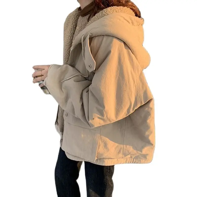 

Jackets Women's Spring Autumn Winter New Thick Double-Sided Lamb Wool Coat Female Ins Student Tooling Jacket Loose Overwear Tops