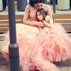 Красивое Розовое Тюлевое платье с цветочным принтом для девочек, платье с длинным рукавом и круглым вырезом для девочек на день рождения, пышное платье для первого причастия, индивидуальный пошив