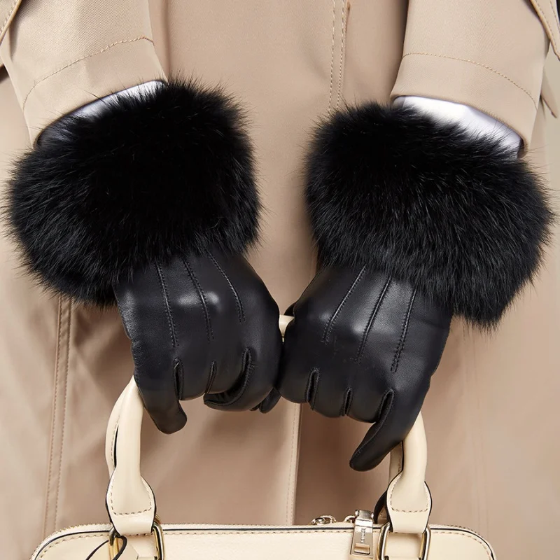 

Autumn And Winter Women Leather Sheepskin Rabbit Fur Plus Velvet Thickening Warm And Windproof Driving Touch Screen Gloves