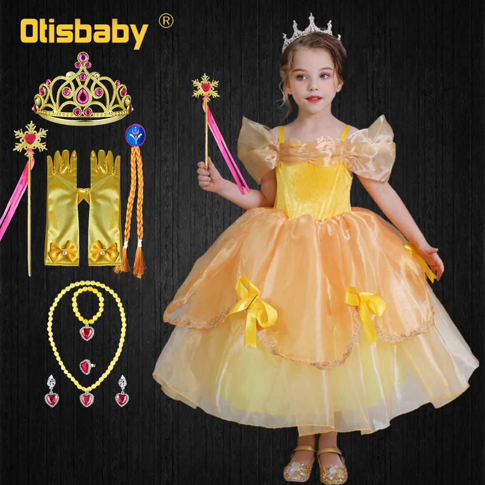 

Beauty and the Beast Halloween Carnival Costume Girls Birthday Princess Belle Dress Up New Year Shoulderless Yellow Dresses Kids