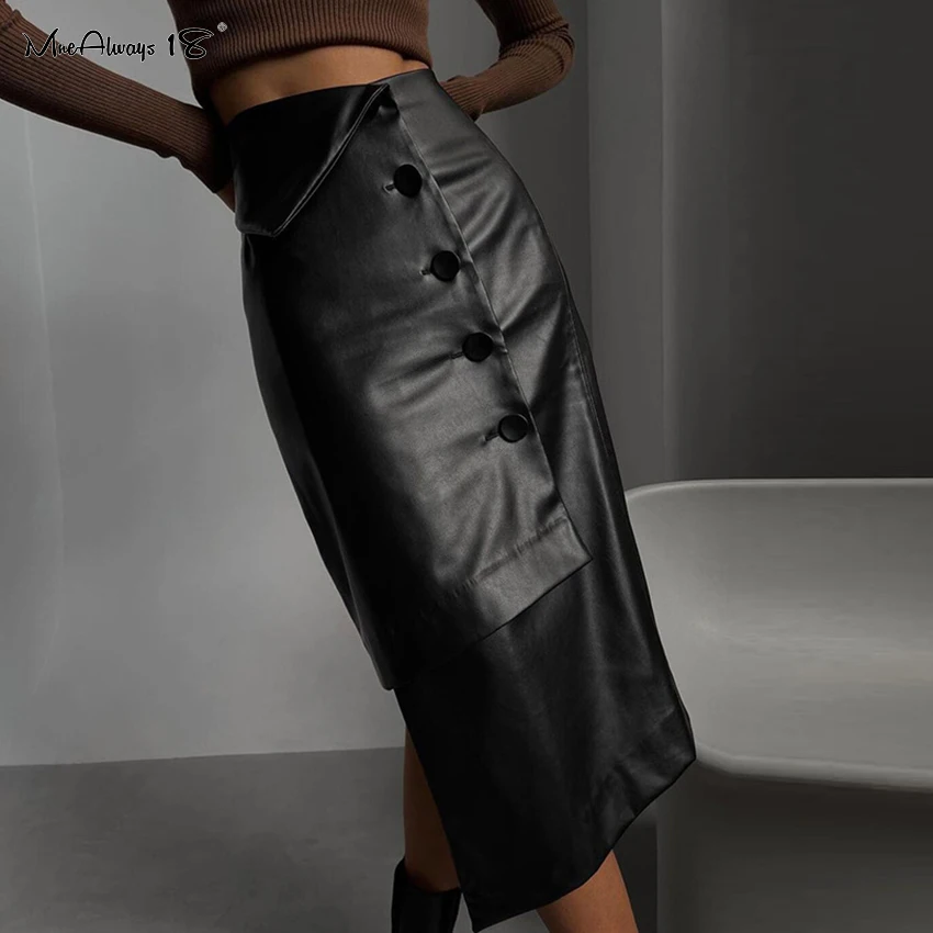 

Mnealways18 Fashion Leather Black Skirt Single-Breasted Bodycon Skirt Women Asymmetrical Midi Skirt Ladies Irregular Skirts 2022