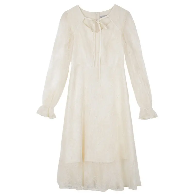 

2021 Spring and Autumn New Gentle Style Lace Dress Women's V-neck Temperament Retro Long Skirt Show Thin Skirt