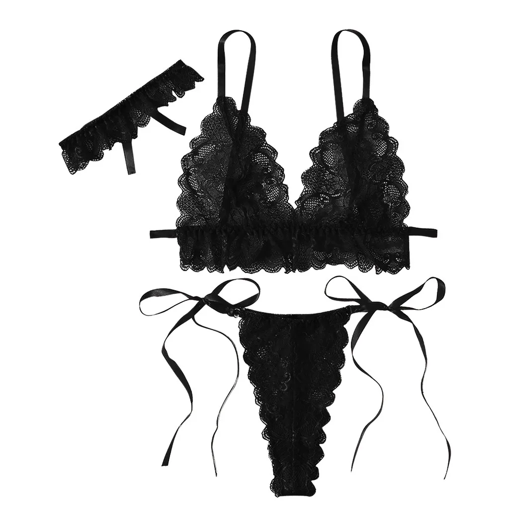 

Lace 3Pcs Bandage Lingerie Women Underwear Sleepwear Wireless Bra G-string Lace Sexy Lingerie Bra Set Women Homewear Nightwear#W