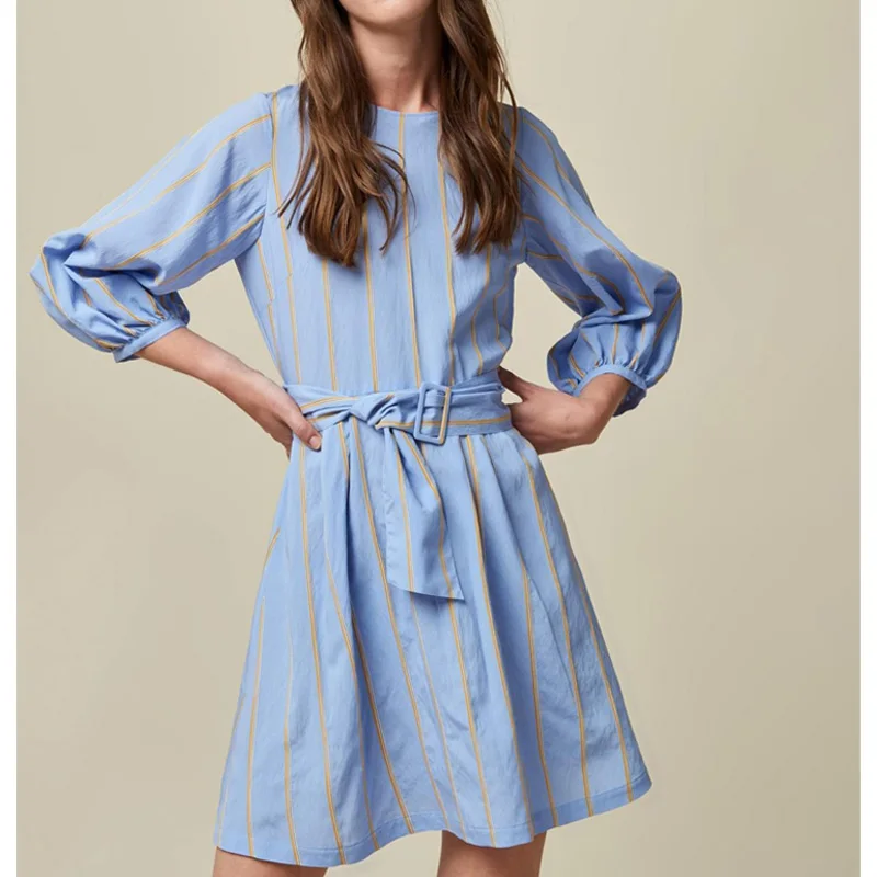 

New 2021 Spring/Autumn Striped Belt Poplin Three-quarter Sleeve Skirt Women