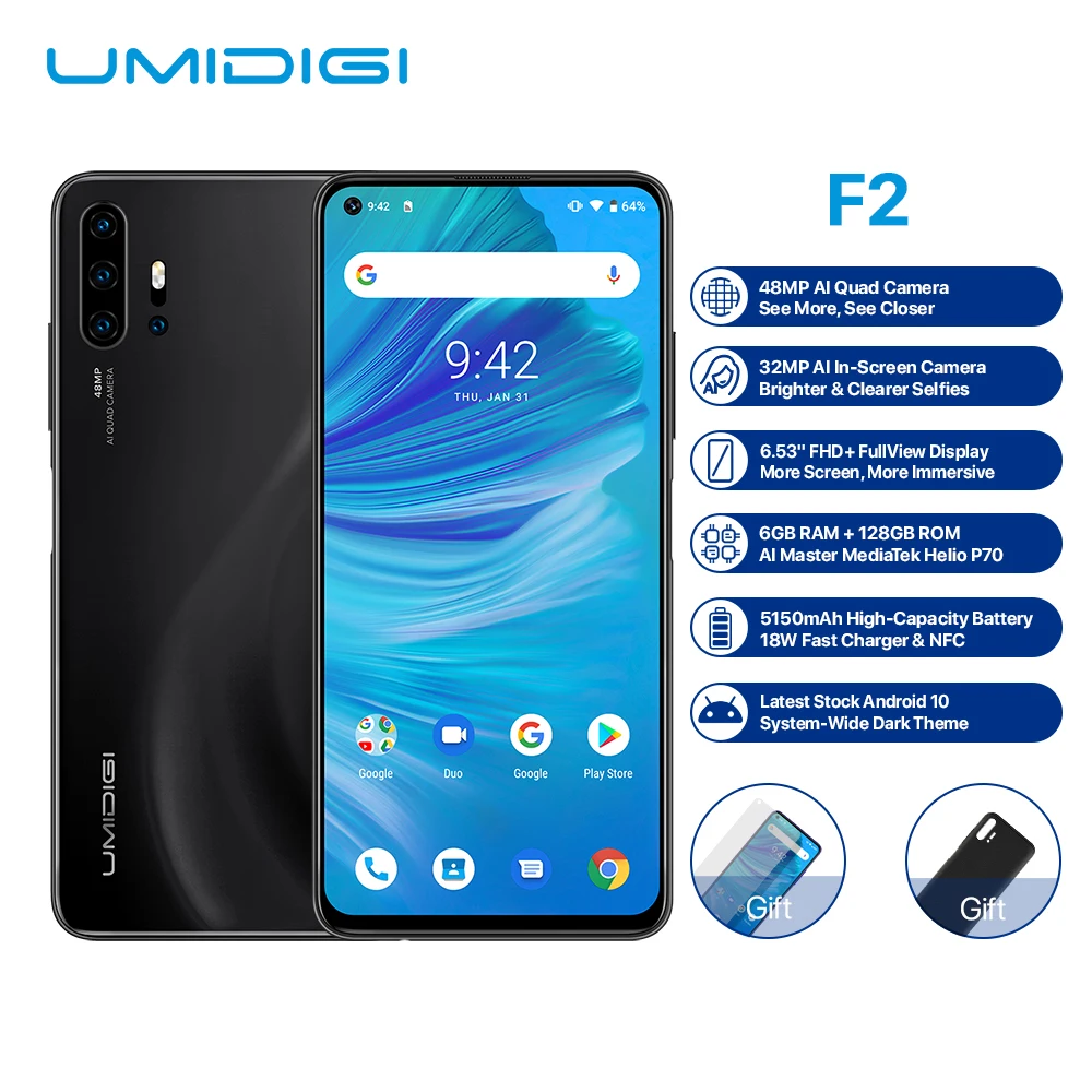UMIDIGI F2 Android 10 Helio P70 6 ГБ 128 Гб мобильный телефон 5150 мАч 18 Вт Быстрая зарядка 6,5" 48 МП 32 МП камера двойной 4G LTE NFC Смартфон
