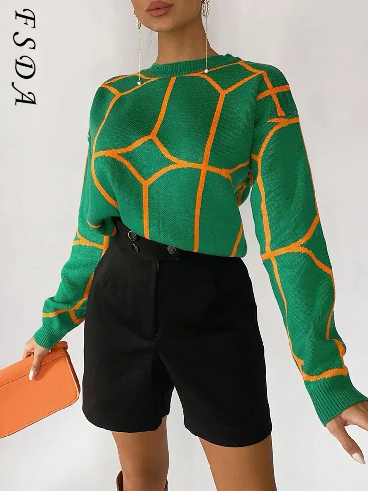 

FSDA 2021 O Neck Y2K Green Casual Sweater Women Long Sleeve Oversized Autumn Winter Black Knit Pullover Loose Knitwear