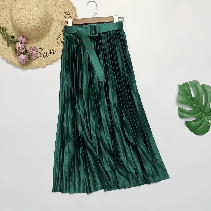

Spring New Half-length Skirt Women 2021pure Color Silky Satin Pleated Skirt High Waist Satin Smooth Belt Mid-length A-line Skirt