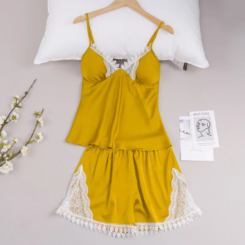 Roseheart New Women's Sleep Pajama Sets Sleepwear Nightwear Short Suits Lace Faux Silk Nightgown 2 Pieces Lingerie Backless