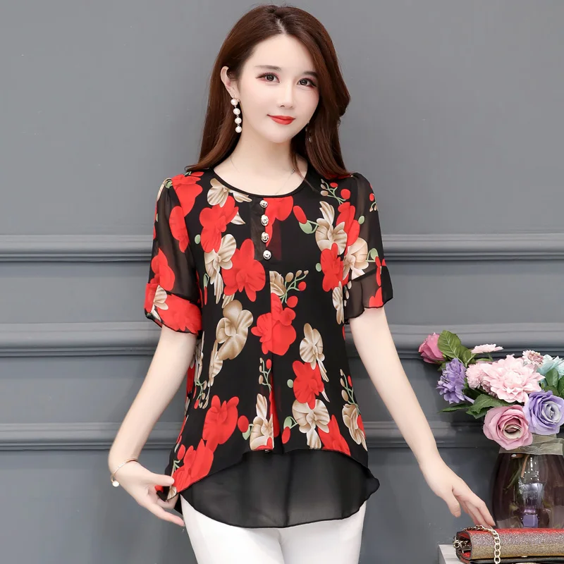 Red Blusas mujer de moda шифоновая блузка с цветочным принтом женские топы camisas mujer chemisier femme Женские топы и блузки - Цвет: Red