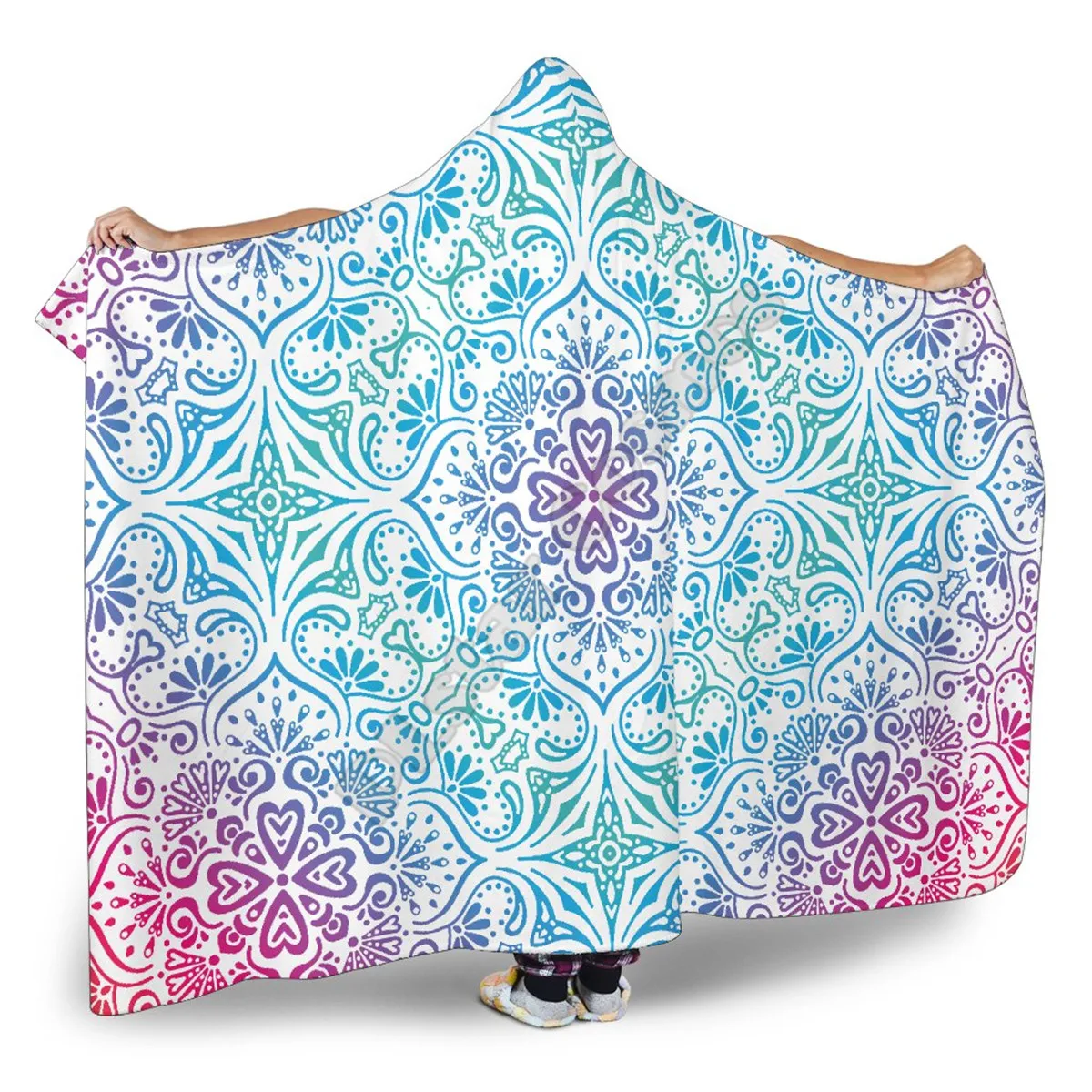 

3D All Over Bohemian Rainbow White Hooded Blanket Adult colorful child Sherpa Fleece Wearable Blanket Microfiber Bedding