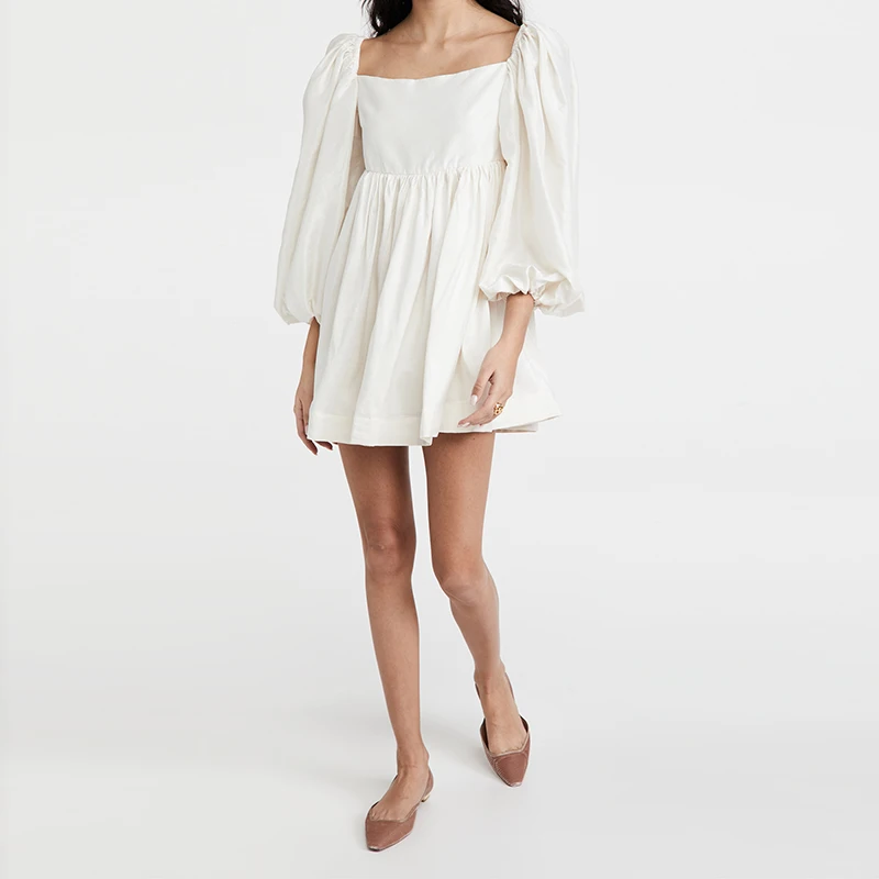 

Vintage Square Collar Sweet Mini Dress Woman Puff Lantern Sleeve High Waist Loose Cotton Dress 2021 New Fashionable