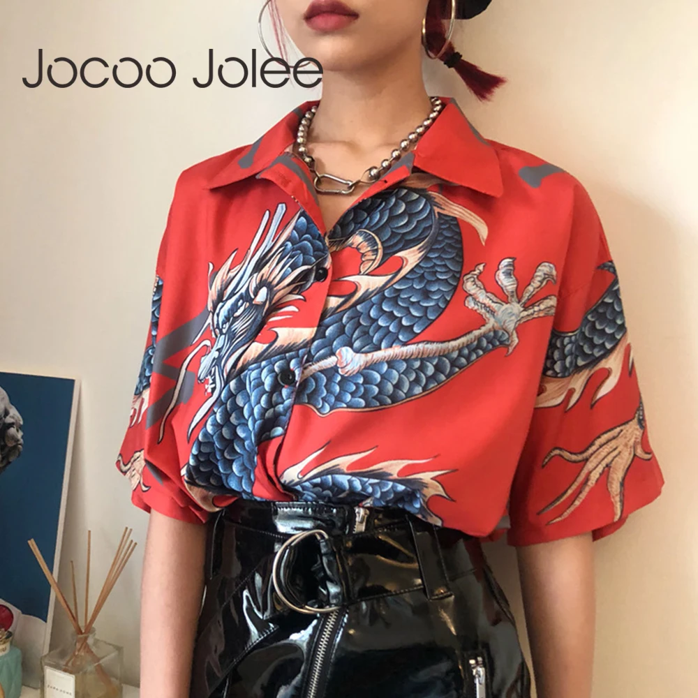 Женская блузка с коротким рукавом Jocoo Jolee свободная хараджуку принтом дракона