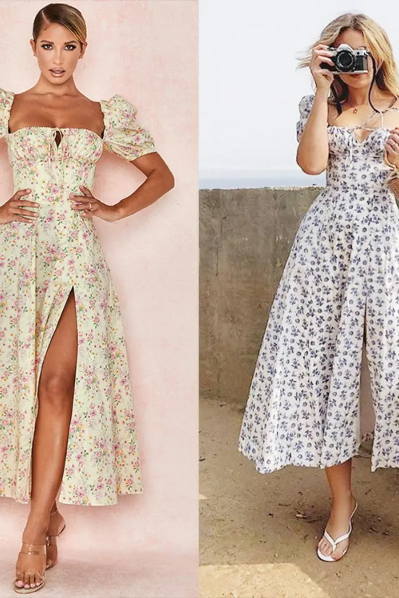 

Women's Dress Summer 2021 New Fashion Puff Sleeve Floral Fashion Temperament Split Long Dress Women