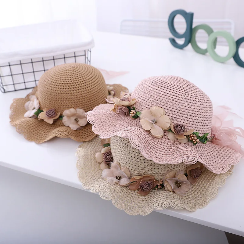 

2021Summer Girl Straw Hat Sun Cap Outdoor Kids Hollow Breathable Beach Hats Sweet Wreath Princess Seaside Panama Hat