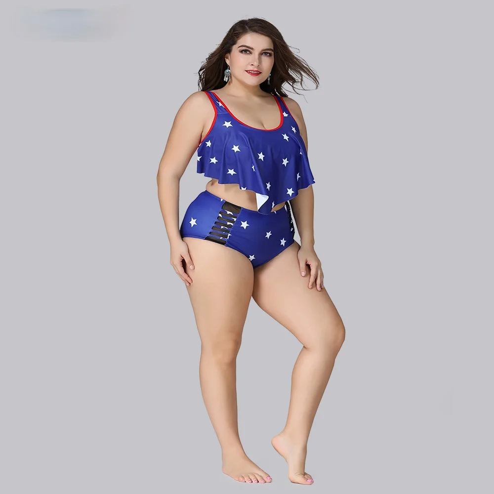 

Luren Plus Size Swimwear Classic Red White Star Printed Strap Bikini Two-piece Irregular Flying Swimsuit