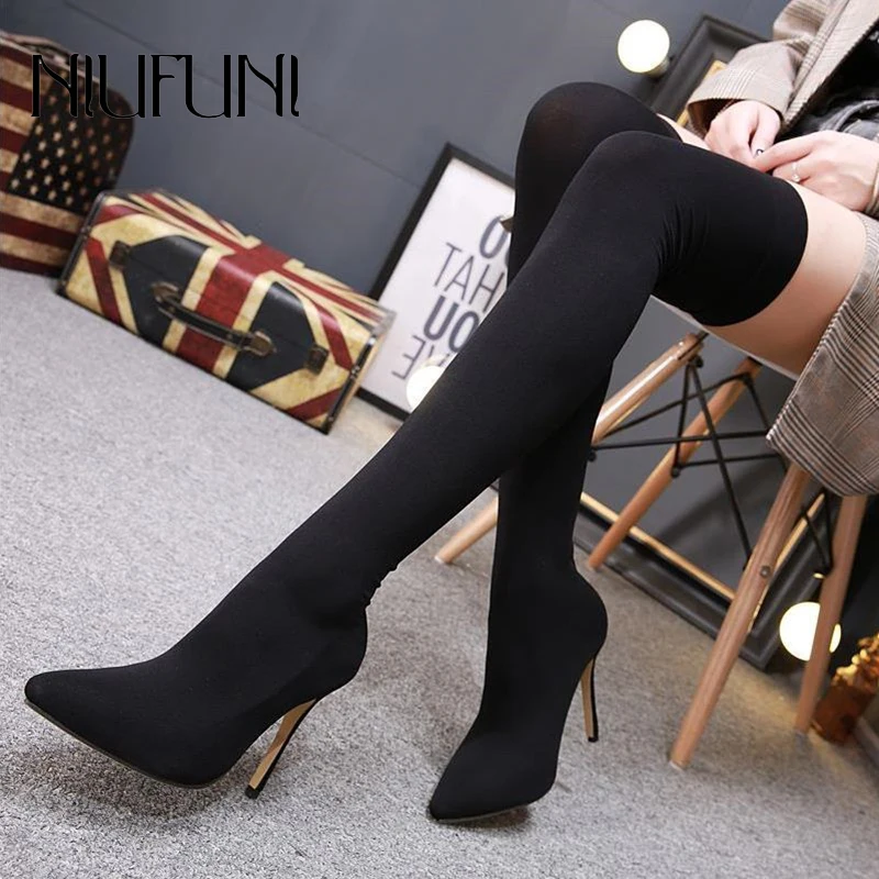

Elastic Fabric NIUFUNI Solid Color Women's Over The Knee Sock Boots Stiletto High Heels Knitting Pointed Toe Slim Botas Mujer