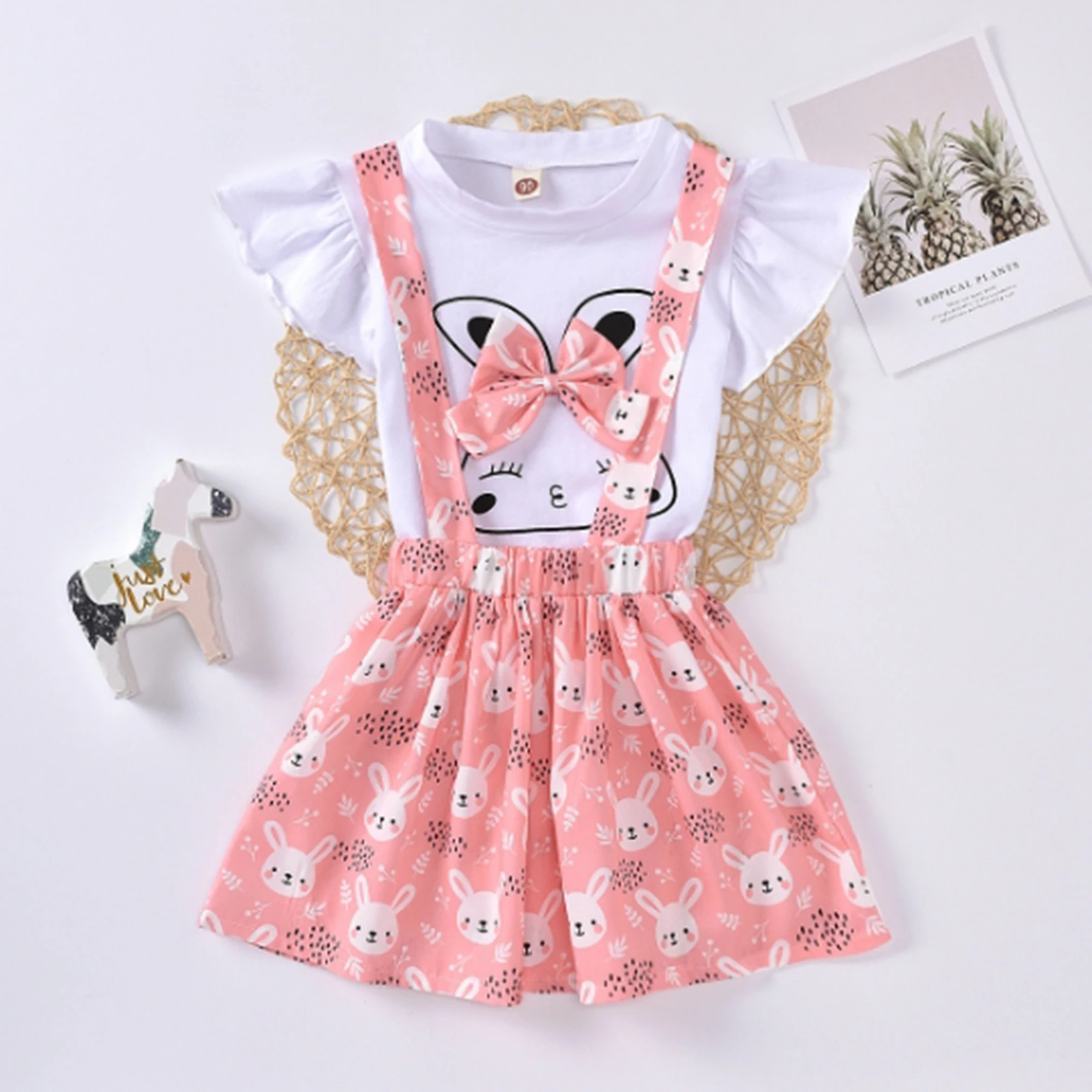 

2Pcs Baby Girls Summer casual Outfits Ruffle Sleeve Bunny Print round neck bow T-Shirts strap Suspender Skirts lovely Set