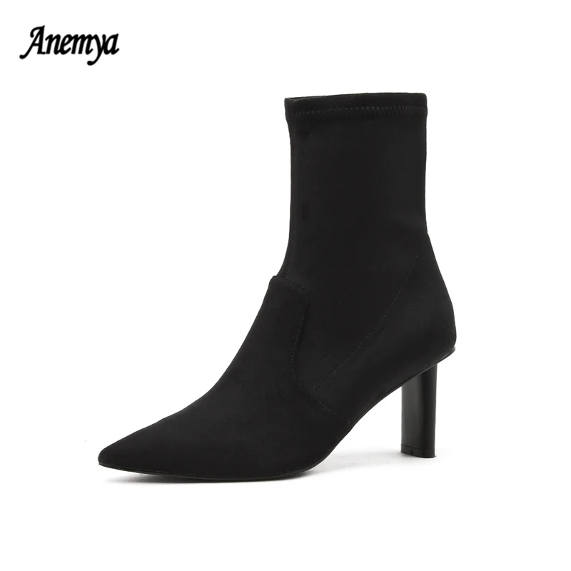 

Ботинки женские зимние из эластичной ткани, на каблуке, с острым носком, без застежки, черные, 2021