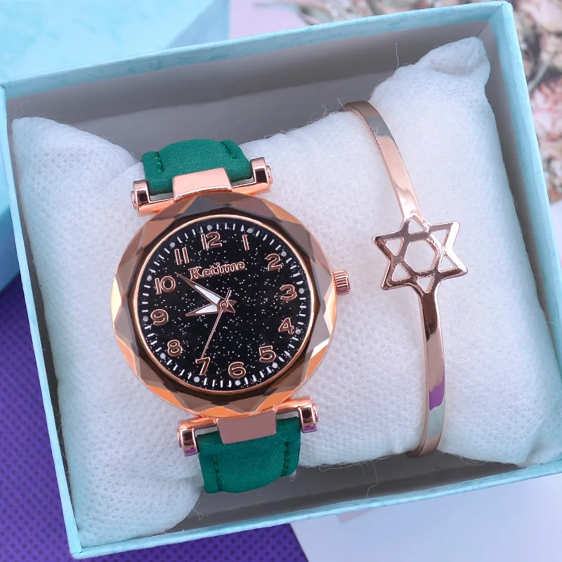 Green no bracelet Модные женские часы Звездное небо, лидер продаж, кожаный браслет, кварцевые наручные часы, повседневные женские часы, Relogio Feminino - Цвет: Green no bracelet