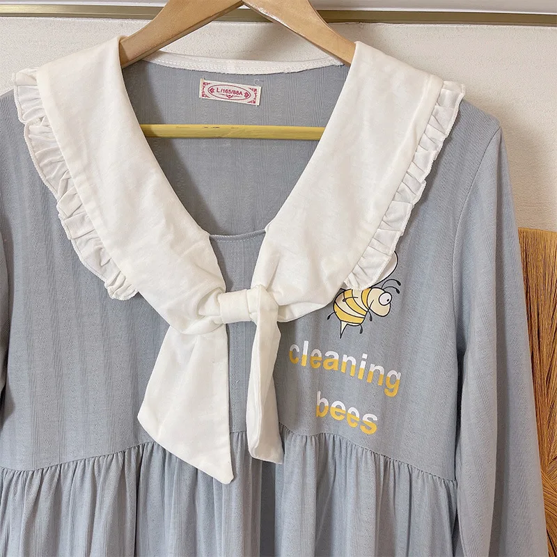 2021 Spring New Nightdress Combed Cotton Korean Pure Color Sweet Lovely Pullover Long Sleeve Housewear Sleepwear Women