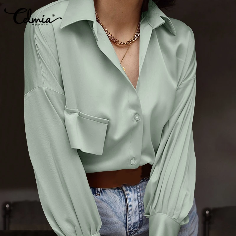 

Women Elegant Lapel Shirts Celmia Satin Lantern Long Sleeve Smooth Solid Color Streetwear 2021 Autumn Tops Fashion Casual Blouse
