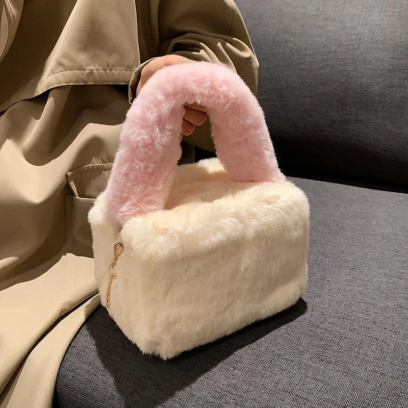 2021 Winter New Color Contrast Handbag Cute Soft Faux Fur Chain Crossbody Bag for Women Female Girl Small Box Phone Purse