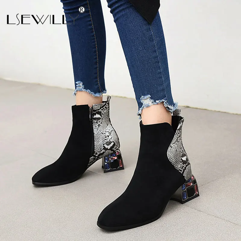 

Lsewilly Fashion Women Ankle Boots High Thick Heels Shoes Female Newest Pointed Toe Ladies Shoe Martin Boot Woman Zipper