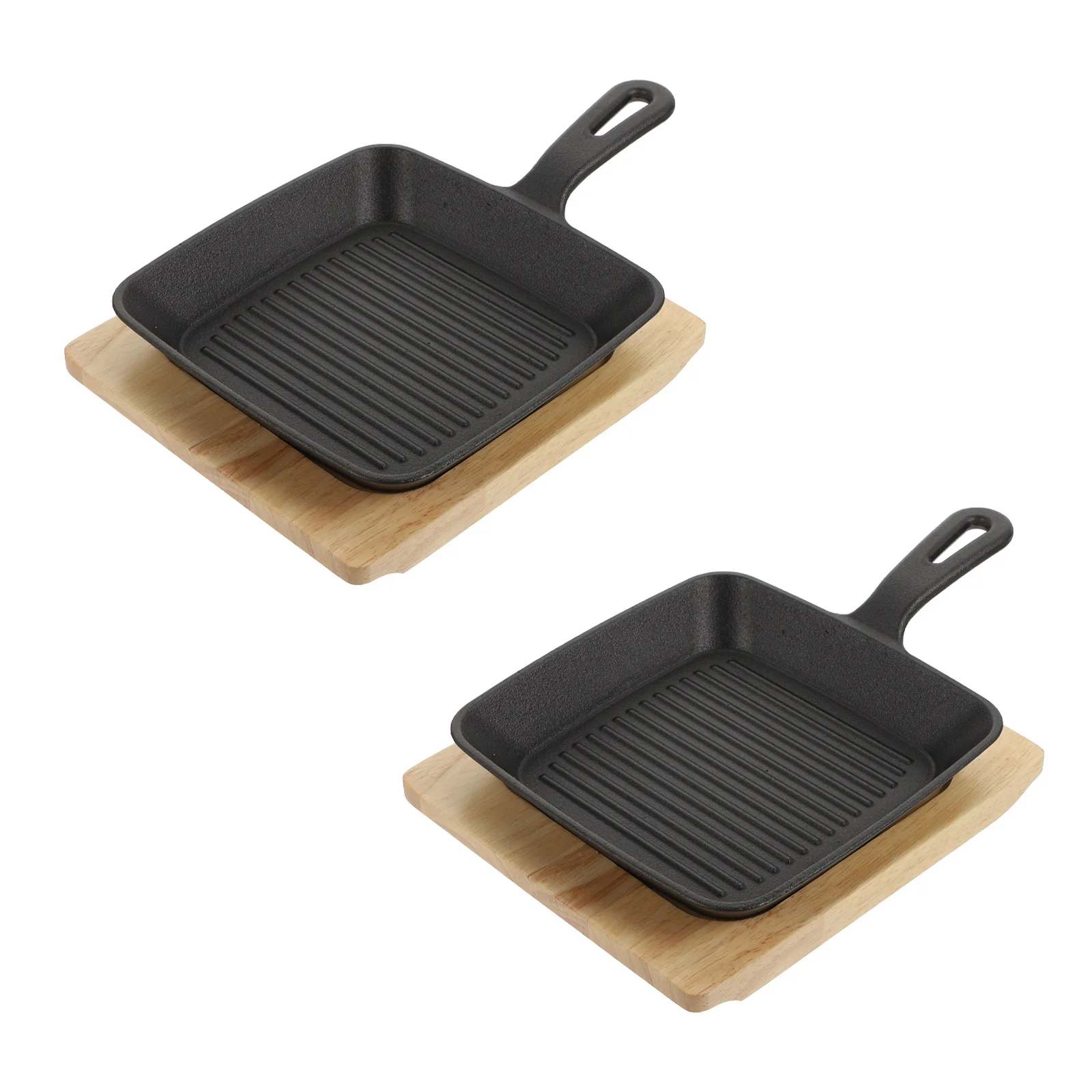 

2 комплекта чугунных сковородок без покрытия, плоские сковороды с деревянными досками (черные)