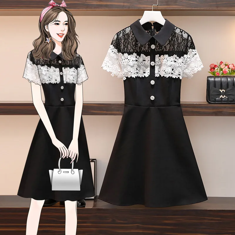 Vestido de encaje de talla grande para mujer, vestido de retazos de manga corta con cuello vuelto con cremallera, ahuecado, novedad de verano de 2021