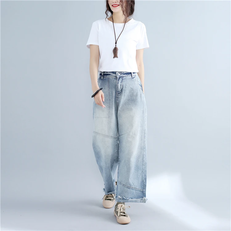

Jeans fabric Bleached Wide-legged pants Vintage Pockets Solid color Cuffs pantalones jeans women DM001