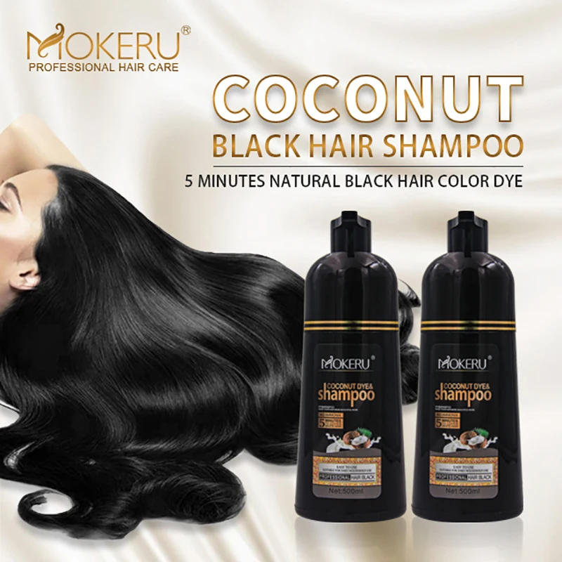 2 Pack Mokeru 500ml Natural Organic Coconut Oil Essence Black Hair Dye Shampoo Covering Gray Hair Permanent Hair Color Dye Shampoo