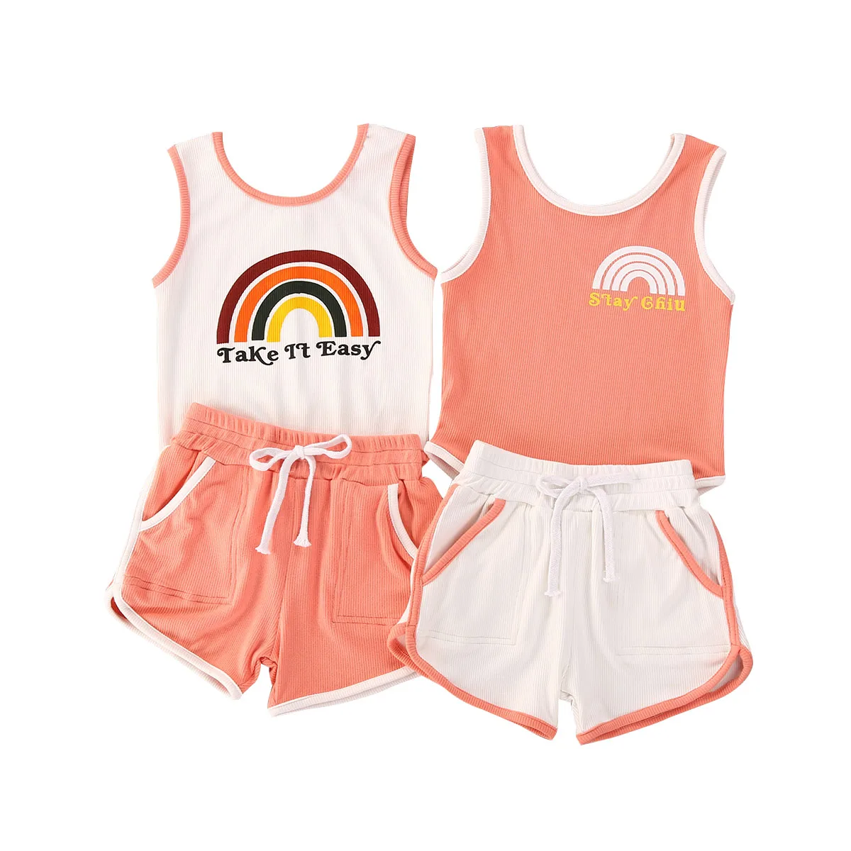 

2020 Summer Baby Girls Round Collar Sleeveless Rainbow Print Vest Rompers + Elastic Waist Shorts Sets 0-24M Newborn Clothing