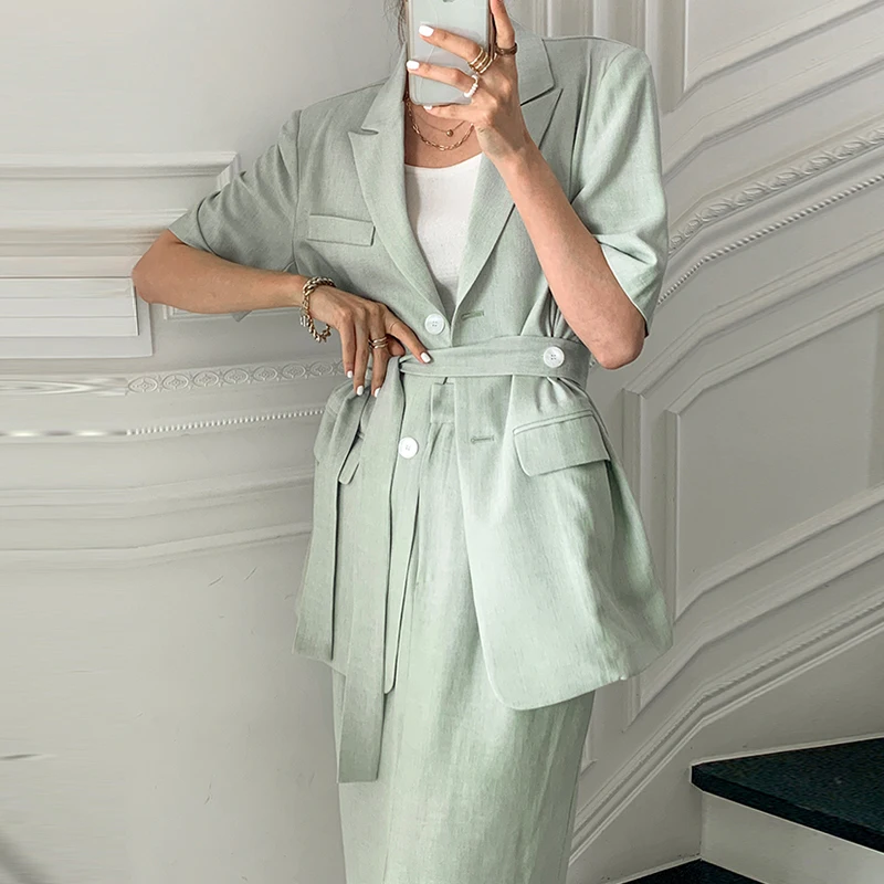 

Korejpaa Women Sets 2021 Summer Korean Chic Ladies Temperament Suit Collar Two Buckle Lace Jacket High Waist Bag Hip Slit Skirt