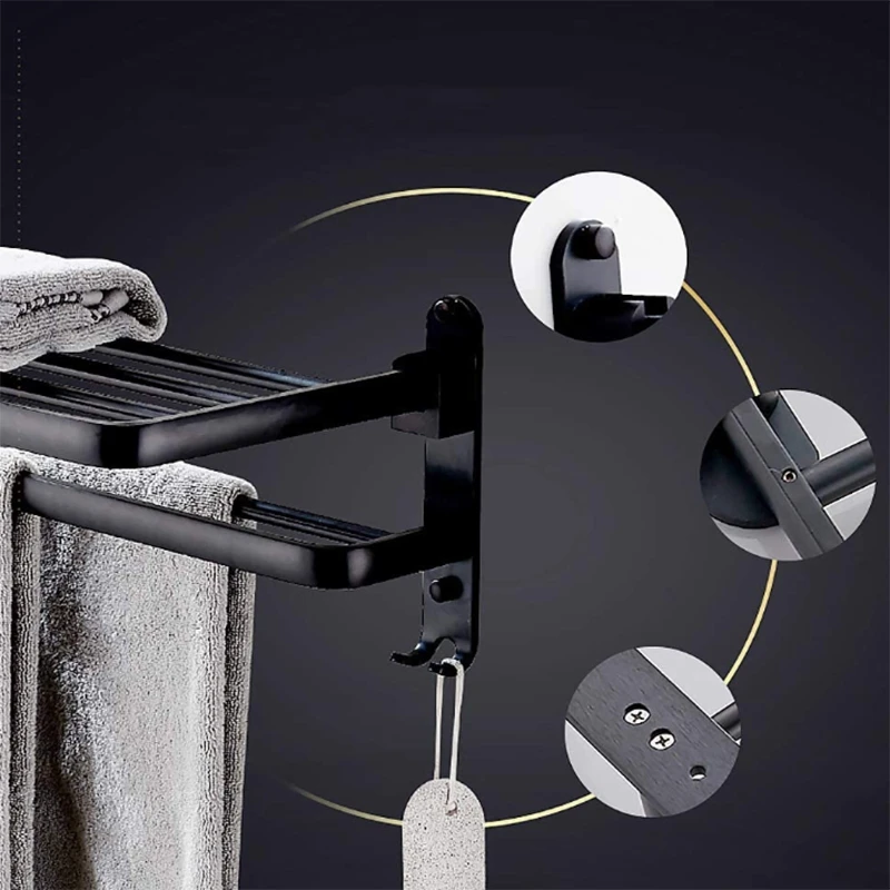 

Space Aluminum Bathroom Black Towel Rack Fashion Wall-Mounted Folding Storage Towel Rack Bathroom Shelf