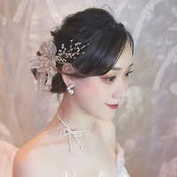 crystal beaded crepe flower hair decoration bridal headdress side clip wedding hair accessories 2021 new