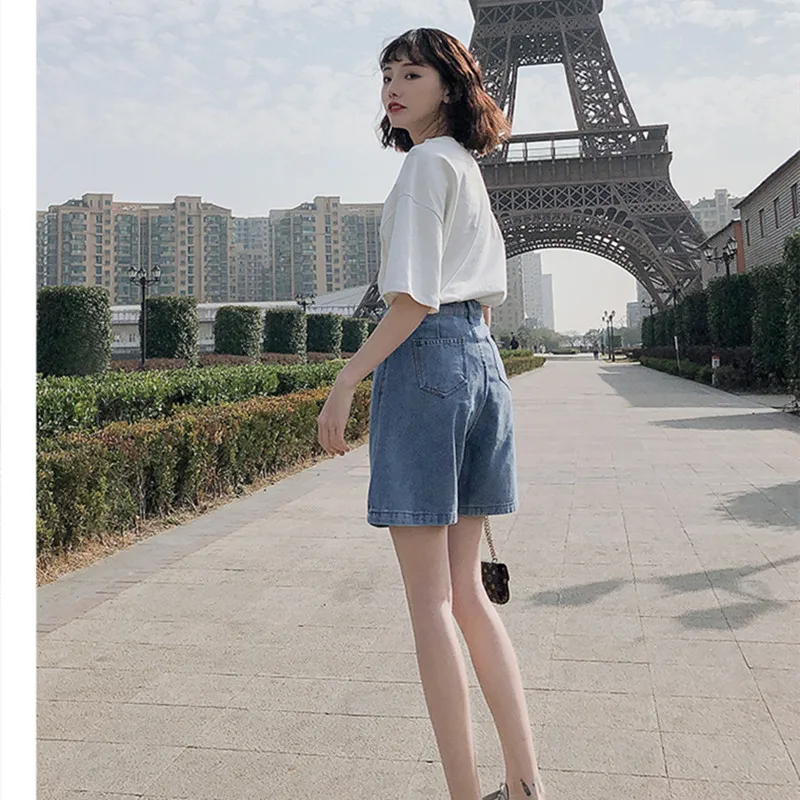 

New Summer Women High Waist Button Wigh Leg Jeans Shorts Casual Female Loose Fit Blue Denim Shorts