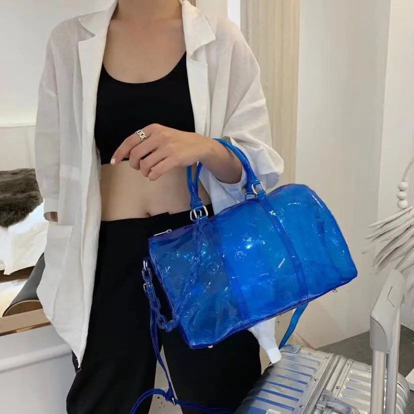 Small Size Blue Летняя Прозрачная женская сумка, Пляжная, лазерная, женская сумка через плечо, цветная, портативная, вместительная, для фитнеса, модная сумка для багажа - Цвет: Small Size Blue