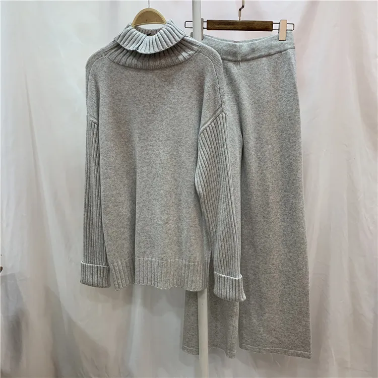 Women's Luxury Two Pieces 45% Cashmere + 30% Wool Suits Female Turtleneck Warm Mink Cashmere Knit Tops +  Wool Pant Sets F2555