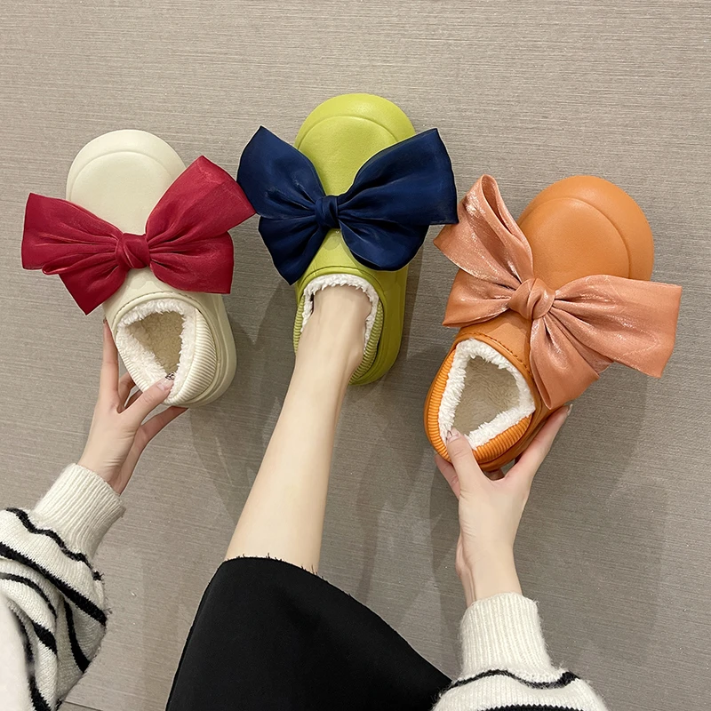 

Новинка 2021, хлопковые тапочки на толстой подошве с большим бантом, зимняя одежда, Корейская версия, домашняя сумка карамельных цветов с тапк...