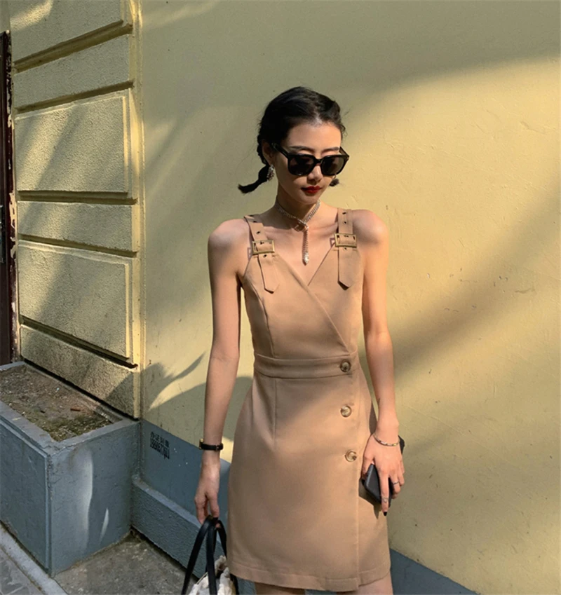 

Korean V-Neck High Waist Strap Cargo Style Dresses For Women 2021 Summer Sundress One Piece Sexy Wild Lady Mini Dress Vestidos